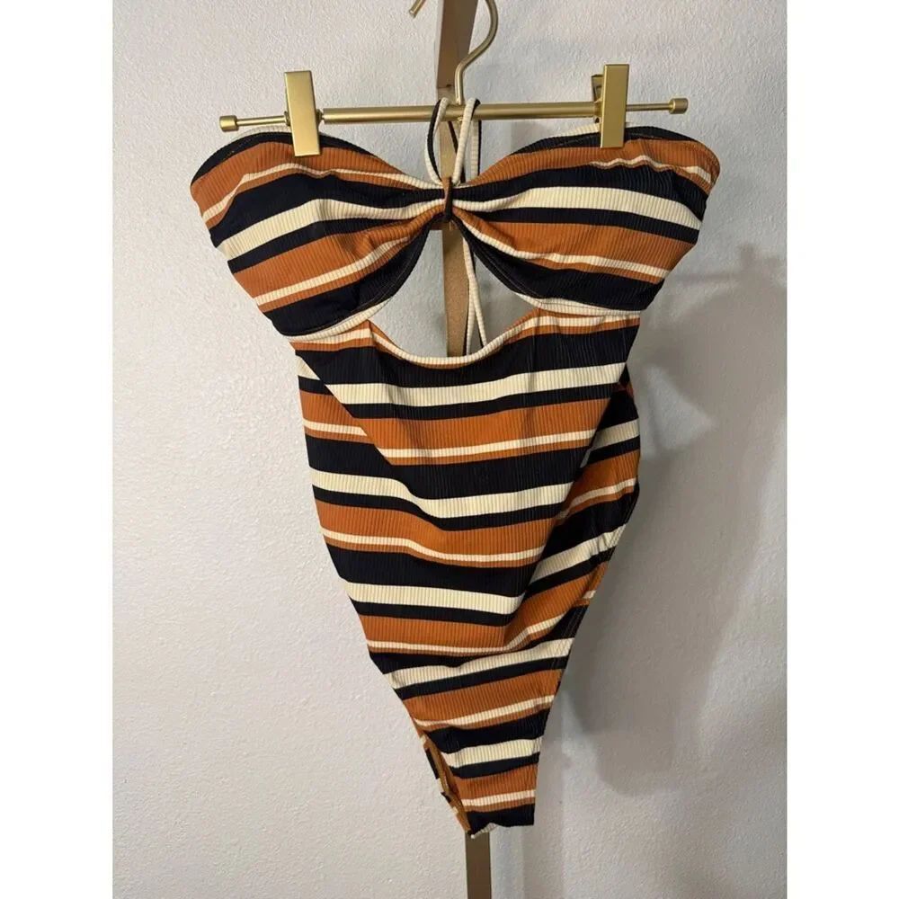 Striped CutoutβOne-Piece Swimsuit in Black, Rust & Cream- high leg- Large